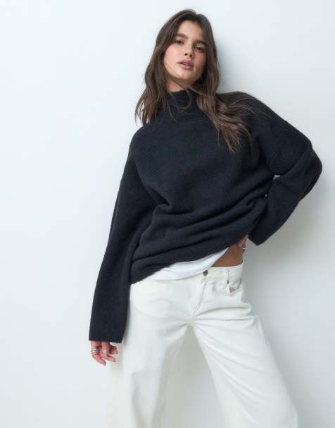 ASOS DESIGN wool blend relaxed fluffy funnel neck sweater in black - view 1