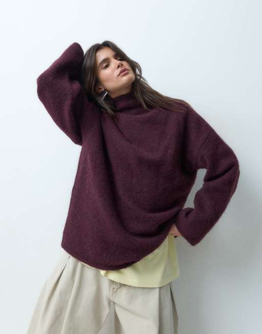 ASOS DESIGN wool blend relaxed fluffy funnel neck sweater in burgundy, 2 of 4