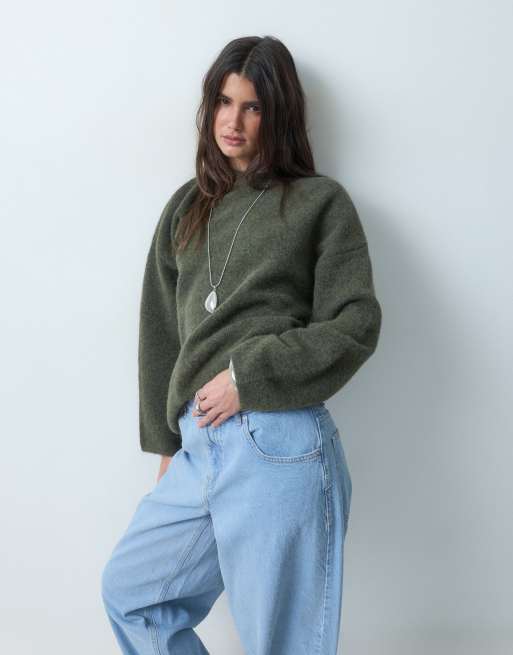 ASOS DESIGN wool blend relaxed fluffy sweater in khaki green, 2 of 4
