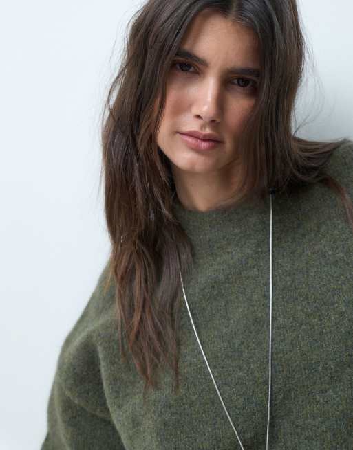 ASOS DESIGN wool blend relaxed fluffy sweater in khaki green, 3 of 4