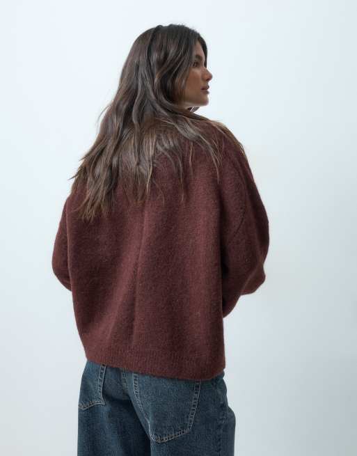 ASOS DESIGN wool blend relaxed v-neck cardigan in chocolate, 3 of 4