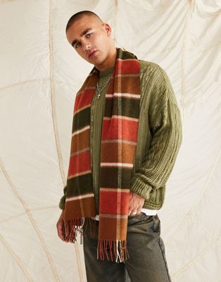 ASOS DESIGN wool blend scarf with check detail in tobacco
