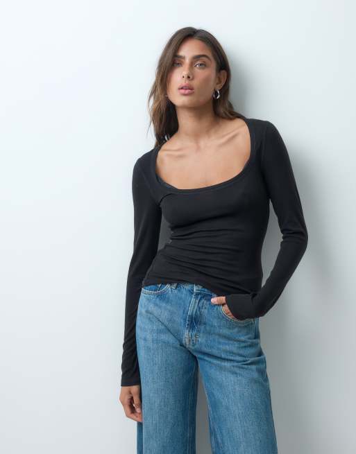 ASOS DESIGN wool blend scoop neck long sleeve top in black, 3 of 5
