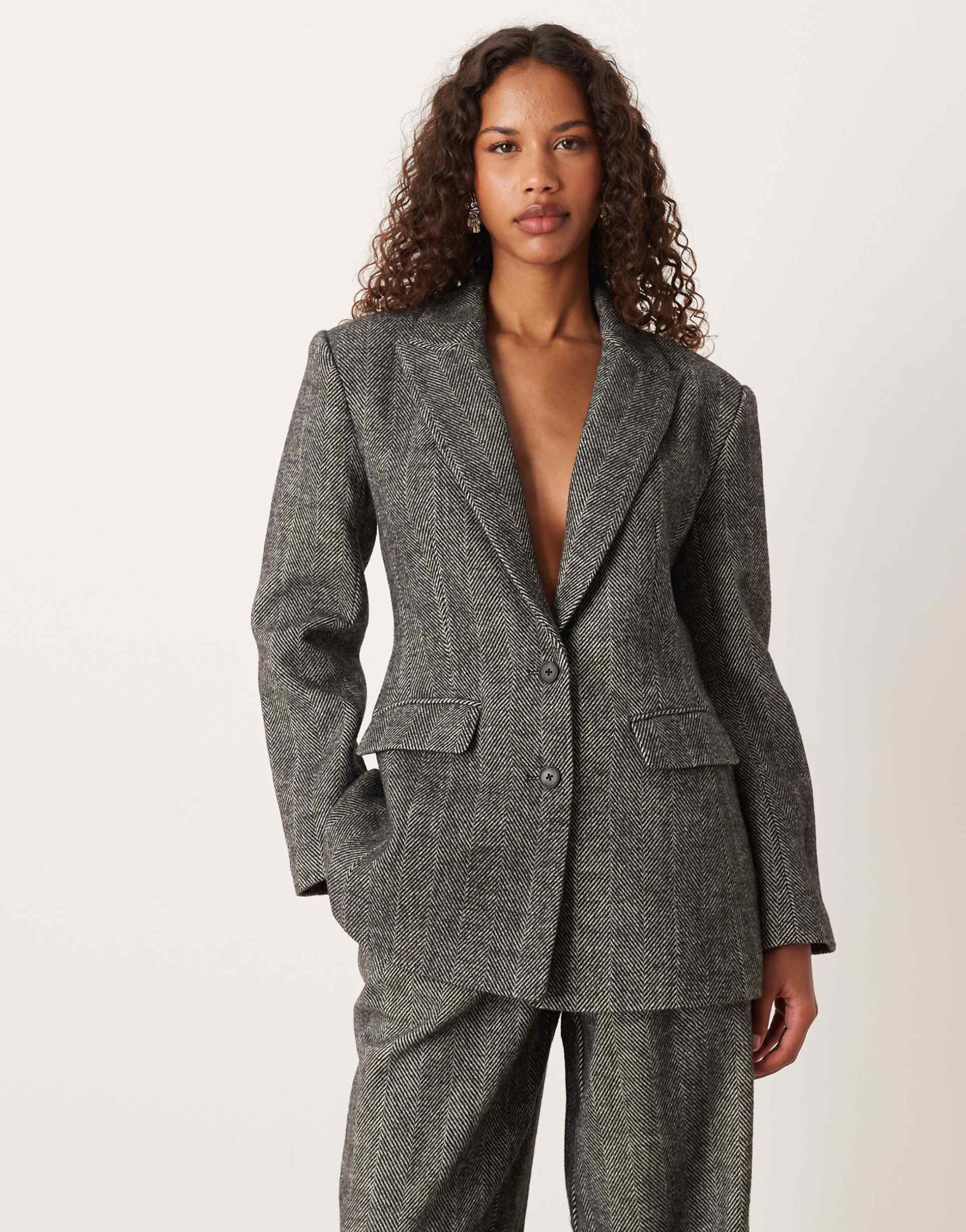 asos design wool blend sculpted suit blazer in brushed black and white herringbone