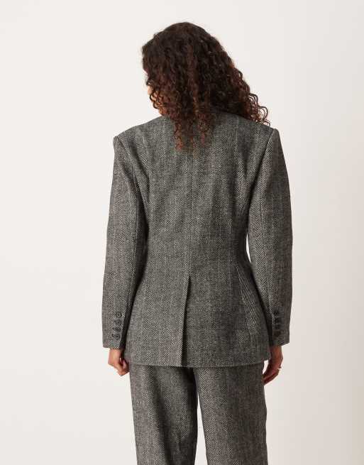 ASOS DESIGN wool blend sculpted suit blazer in brushed mono herringbone, 3 of 4