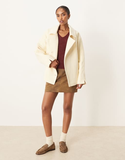 ASOS DESIGN wool blend short trench coat with low belt in buttermilk