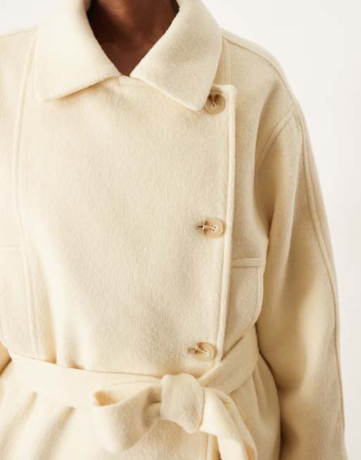 ASOS DESIGN wool blend short trench coat with low belt in buttermilk