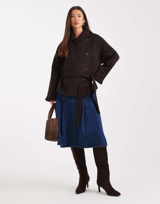 ASOS DESIGN wool blend short trench coat with low belt in chocolate