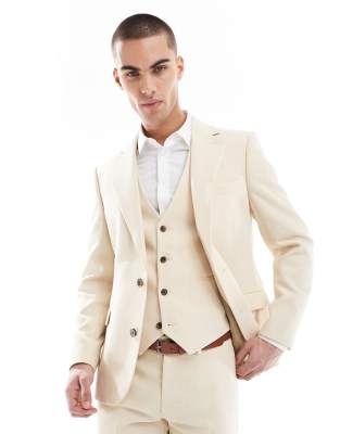 wool blend skinny suit jacket in stone weave-Neutral