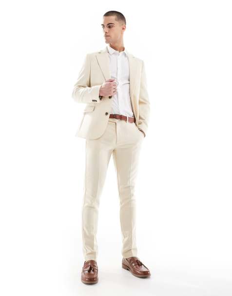 ASOS DESIGN wool blend skinny suit trousers in stone weave - view 1