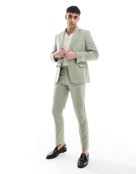 ASOS DESIGN wool blend slim suit in green weave - view 1