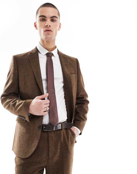 ASOS DESIGN wool blend slim suit jacket in dark brown - view 1