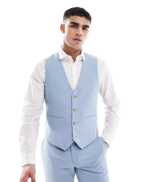 ASOS DESIGN wool blend slim suit waistcoat in blue weave - view 1