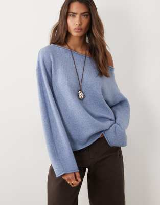 Asos Design Wool Blend Slouchy Off The Shoulder Sweater In Blue