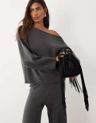 Asos Design Wool Blend Slouchy Off The Shoulder Sweater In Gray