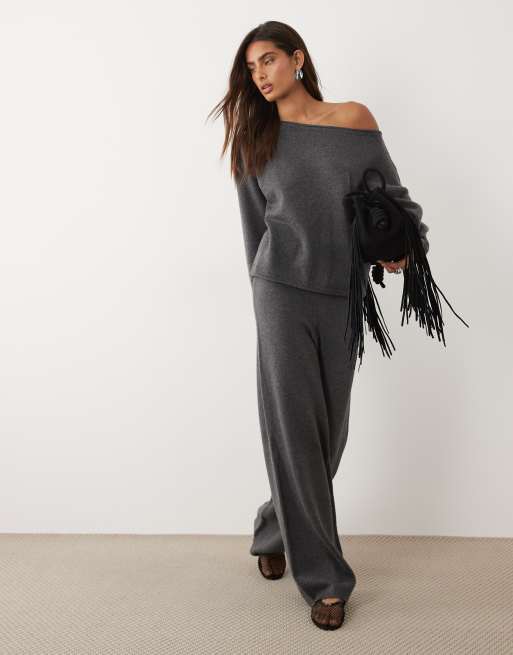 ASOS DESIGN wool blend slouchy off the shoulder sweater in charcoal, 2 of 4