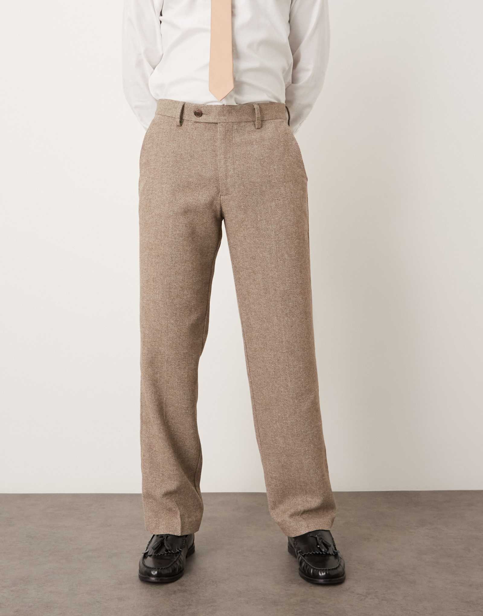 ДИЗАЙНЕРСКИЕ шерстяные брюки прямого кроя ASOS DESIGN бежевого цвета в елочку