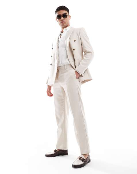 ASOS DESIGN wool blend straight leg suit trousers in stone basketweave - view 1