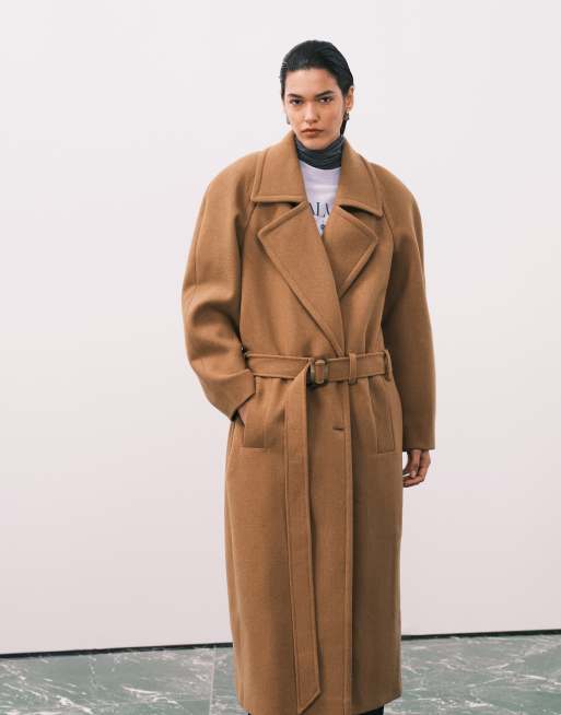 ASOS DESIGN wool blend strong shoulder coat with low belt in biscuit, 3 of 4