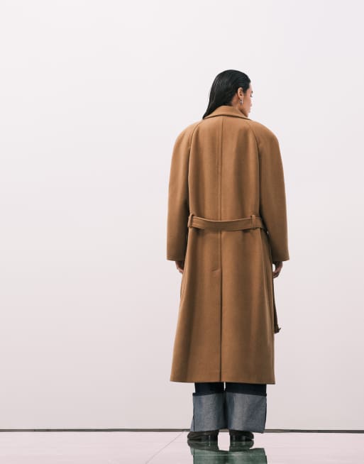 ASOS DESIGN wool blend strong shoulder coat with low belt in biscuit, 4 of 4