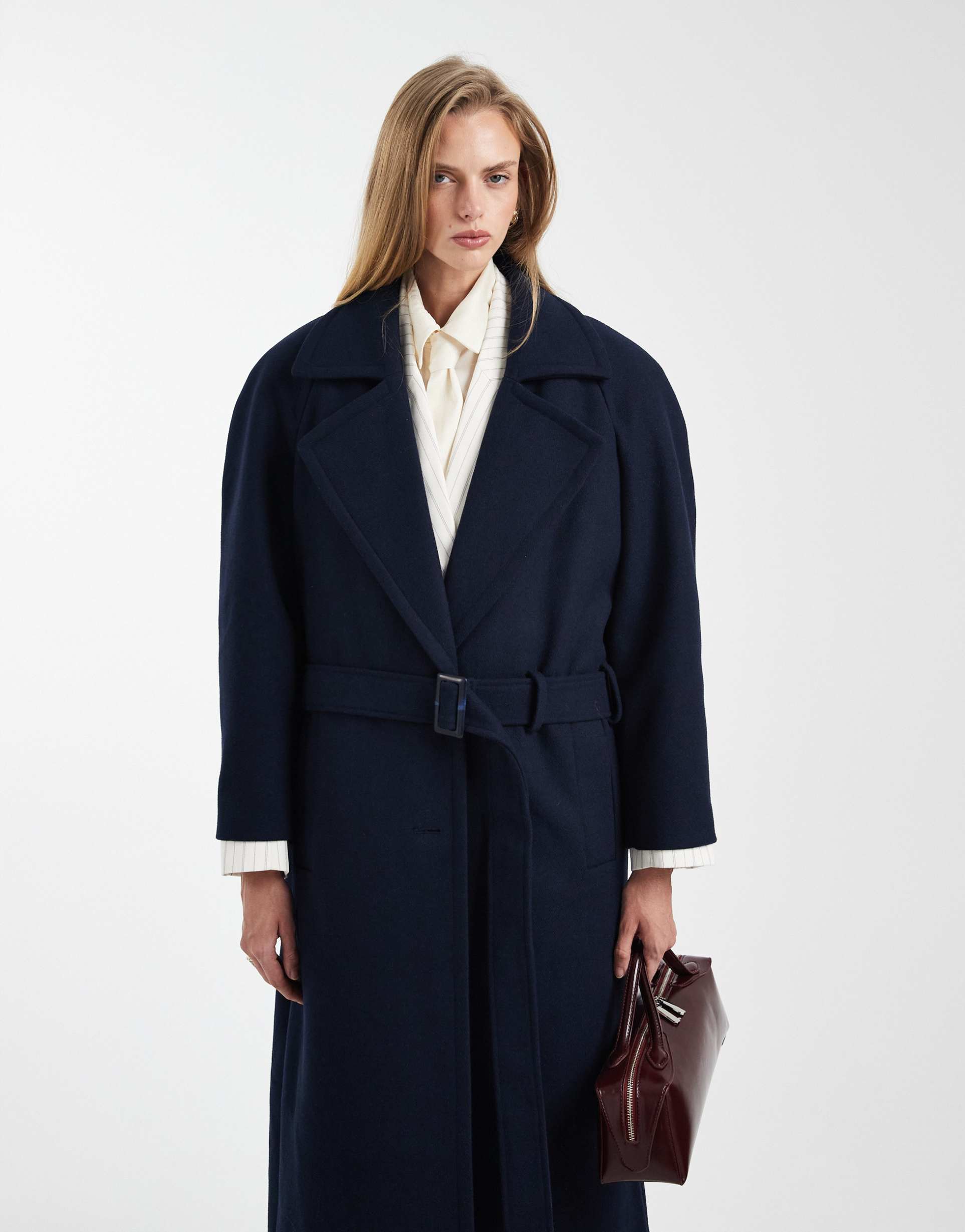 asos design wool blend strong shoulder coat with low belt in navy
