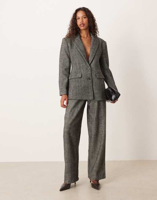 ASOS DESIGN wool blend tailored barrel suit trouser in brushed mono herringbone