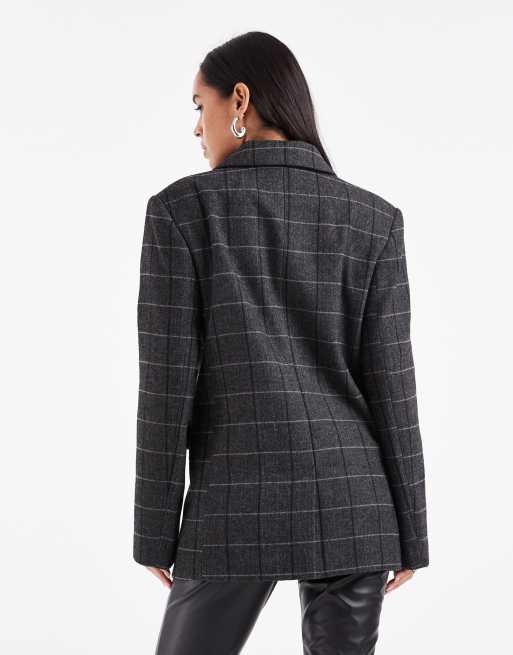 ASOS DESIGN wool blend tailored double breasted power blazer in black & gray plaid, 2 of 4