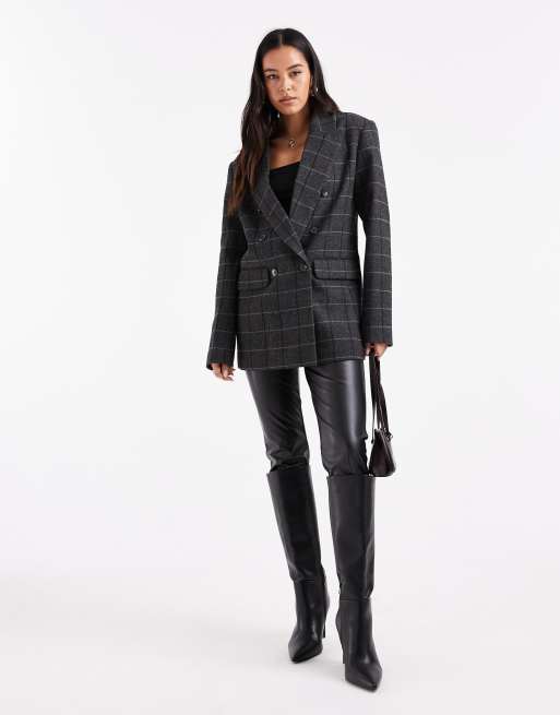 ASOS DESIGN wool blend tailored double breasted power blazer in black & gray plaid, 4 of 4
