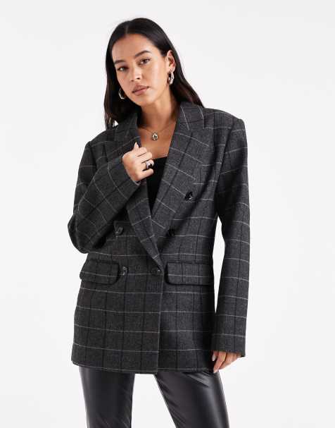 ASOS DESIGN wool blend tailored double breasted power blazer in black & grey check - view 1