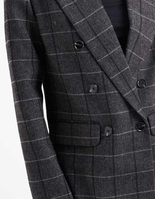 ASOS DESIGN wool blend tailored double breasted power blazer in black & grey check, 3 of 4