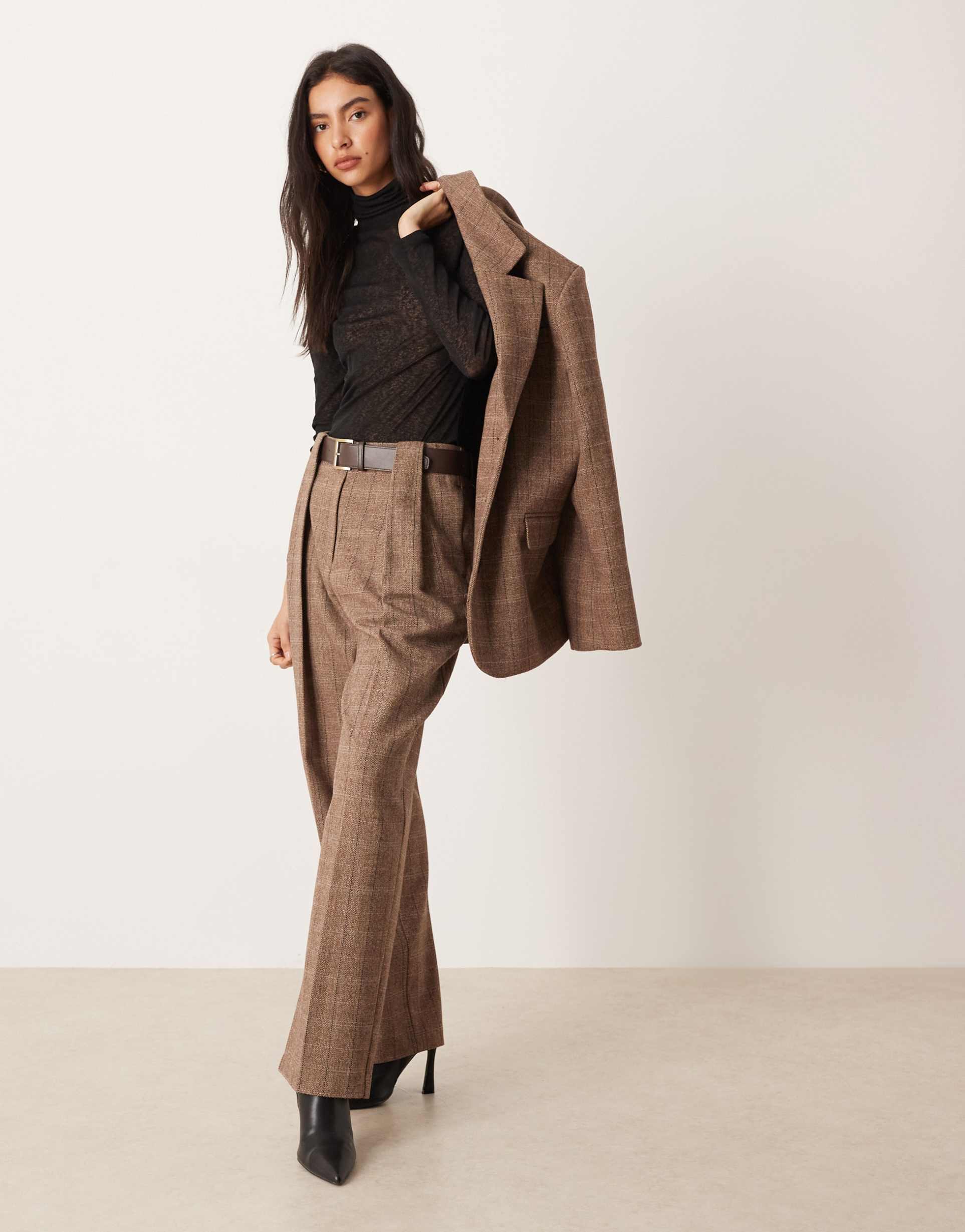 asos design wool blend tailored high waist belted straight leg pants in brown herringbone plaid