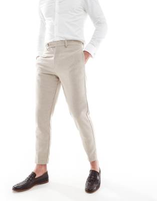 ASOS DESIGN ASOS DESIGN wool blend tapered suit trousers in stone weave-Neutral
