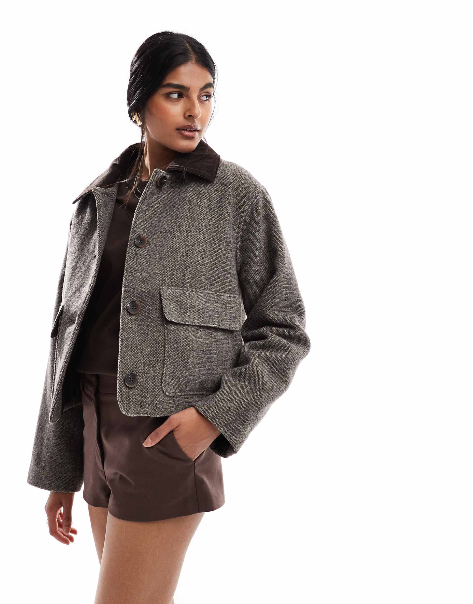 asos design wool blend top collar jacket in salt and pepper