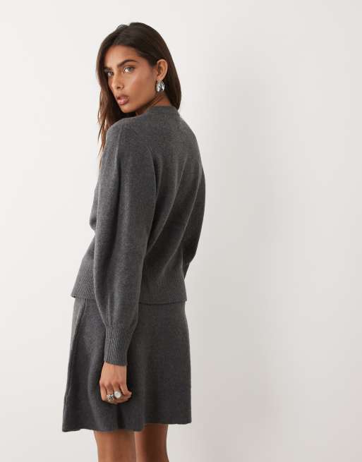 ASOS DESIGN wool blend waisted crew neck cardigan with covered buttons in charcoal, 4 of 4