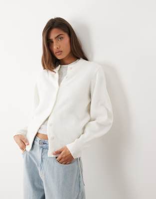 Asos Design Wool Blend Waisted Crew Neck Cardigan With Covered Buttons In White