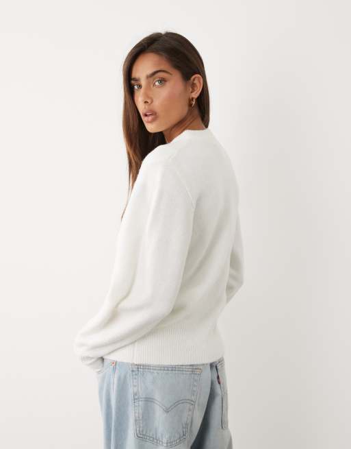 ASOS DESIGN wool blend waisted crew neck cardigan with covered buttons in cream, 4 of 4