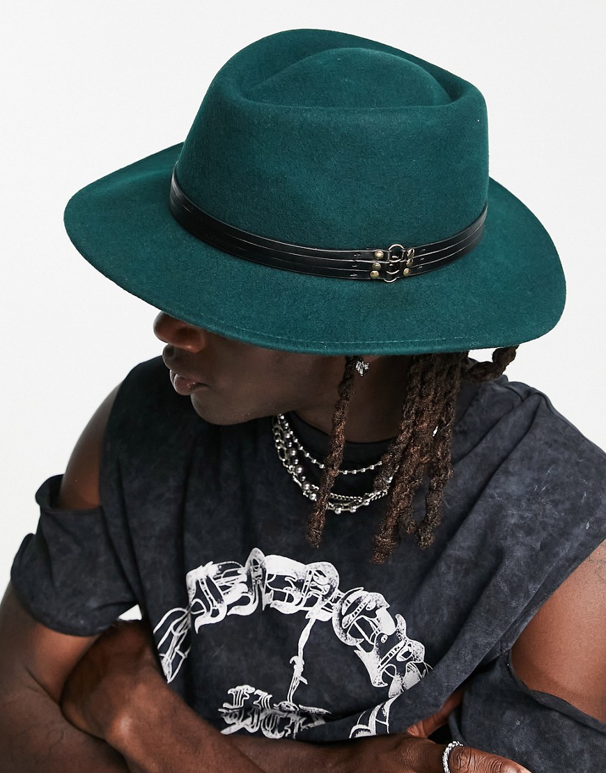ASOS DESIGN wool fedora hat with size adjuster and band in dark green