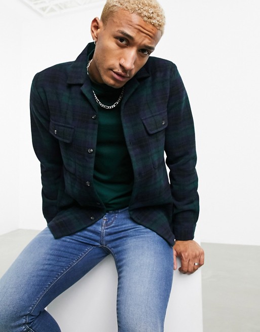 ASOS DESIGN wool heavy overshirt in green check tartan with revere collar