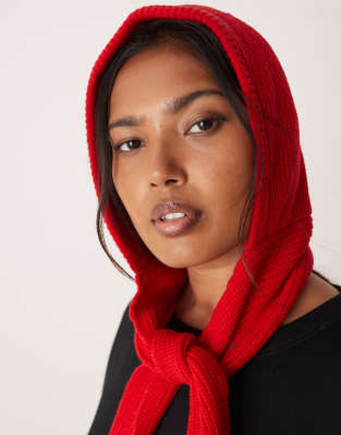 Asos Design Wool Knit Tie Up Hooded Scarf In Red