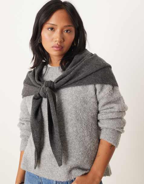 ASOS DESIGN wool knit triangle scarf in charcoal - view 1