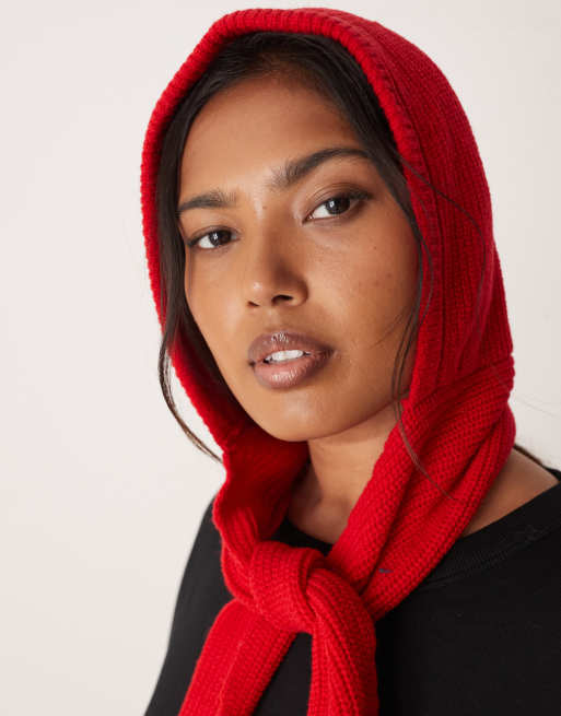 ASOS DESIGN  wool knitted tie up hooded scarf in red