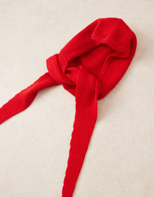 ASOS DESIGN  wool knitted tie up hooded scarf in red