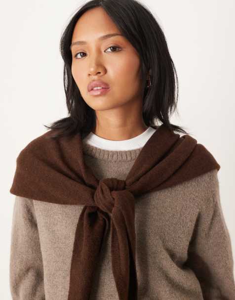 ASOS DESIGN wool knitted triangle scarf in chocolate - view 1