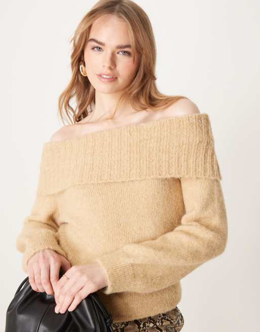ASOS DESIGN wool look bardot off shoulder sweater in honey beige