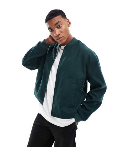 ASOS DESIGN wool look bomber jacket with drawcord in green - view 1
