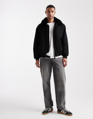 Asos Design Wool Look Bomber Jacket With Faux Fur Collar In Black