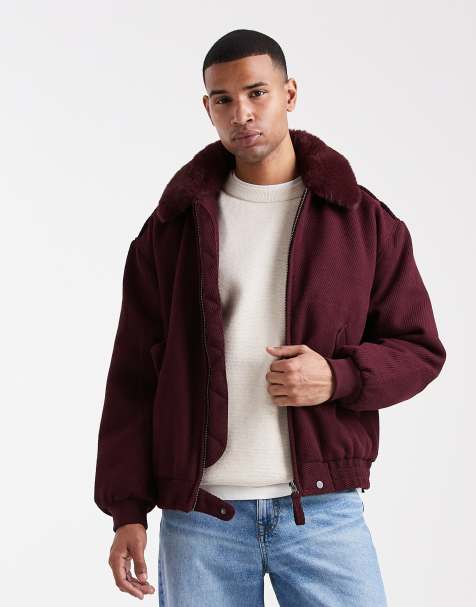 ASOS DESIGN wool look bomber jacket with faux fur collar in burgundy - view 1
