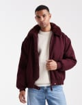 [ASOS DESIGN] ASOS DESIGN wool look bomber jacket with faux fur collar in burgundy-Red S BURGUNDY
