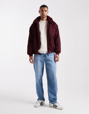 Asos Design Wool Look Bomber Jacket With Faux Fur Collar In Red