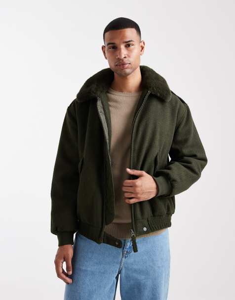 ASOS DESIGN wool look bomber jacket with faux fur collar in dark green - view 1